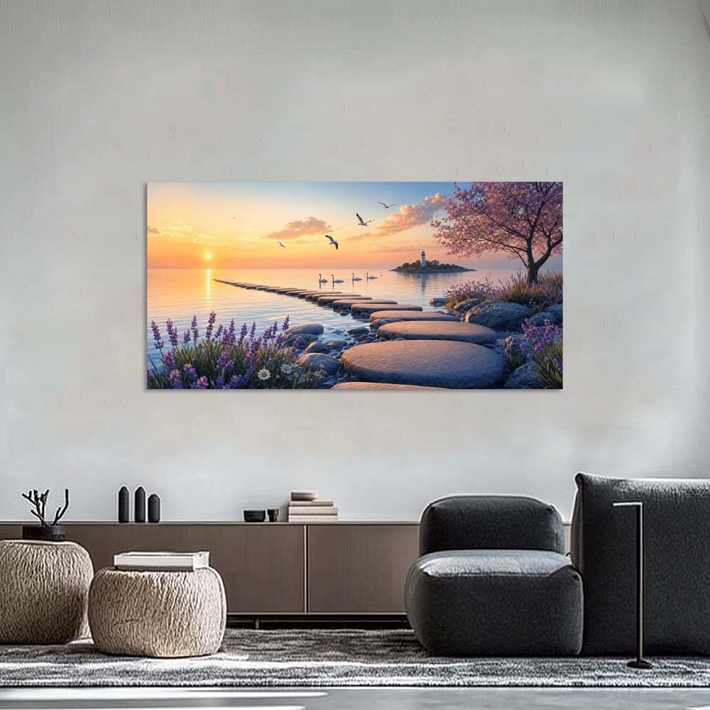 Tranquil Sunset Seascape Canvas Wall Art Stepping Stones to Island Lighthouse Painting Flat Print Spring Cherry Blossom Lavender Picture Gallery Wrapped Artwork for Living Room Bedroom Bathroom Decor (Coastal / Lavender Lighthouse Sea 38 / 46"L x 23"W)