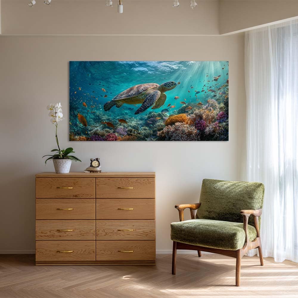 Green Tropical Sea Turtle Wall Art for Living Room Canvas Painting Prints (Coastal / Orange Sea Turtle 104 / 46"L x 23"W)