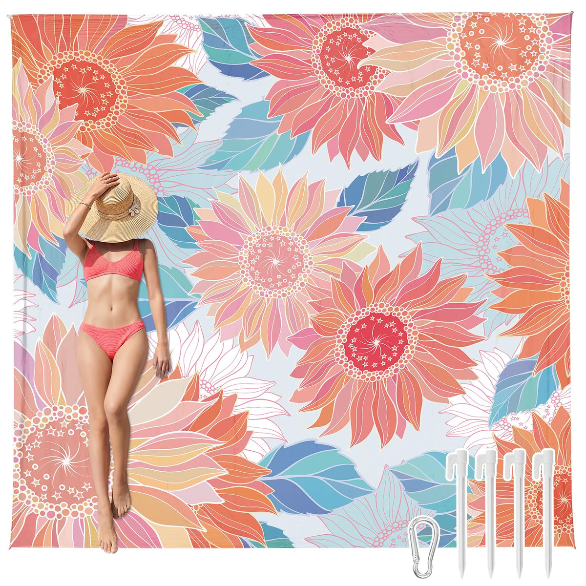 Beach Blanket Waterproof Sandproof (Blue Flower / 79“×83”)