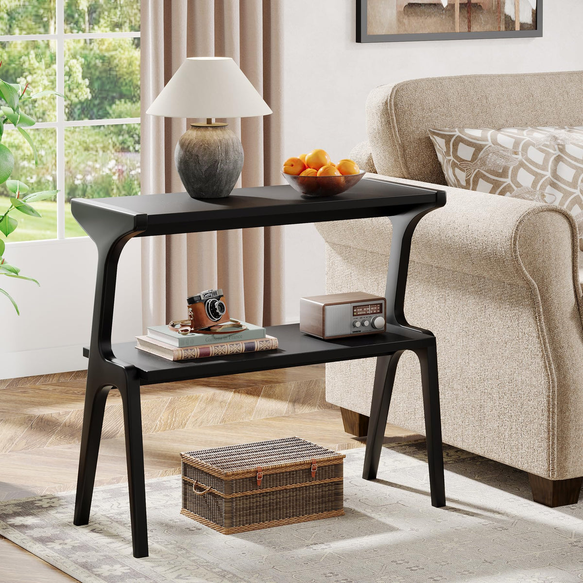 2 Tier Solid Wood Side Table (Black)