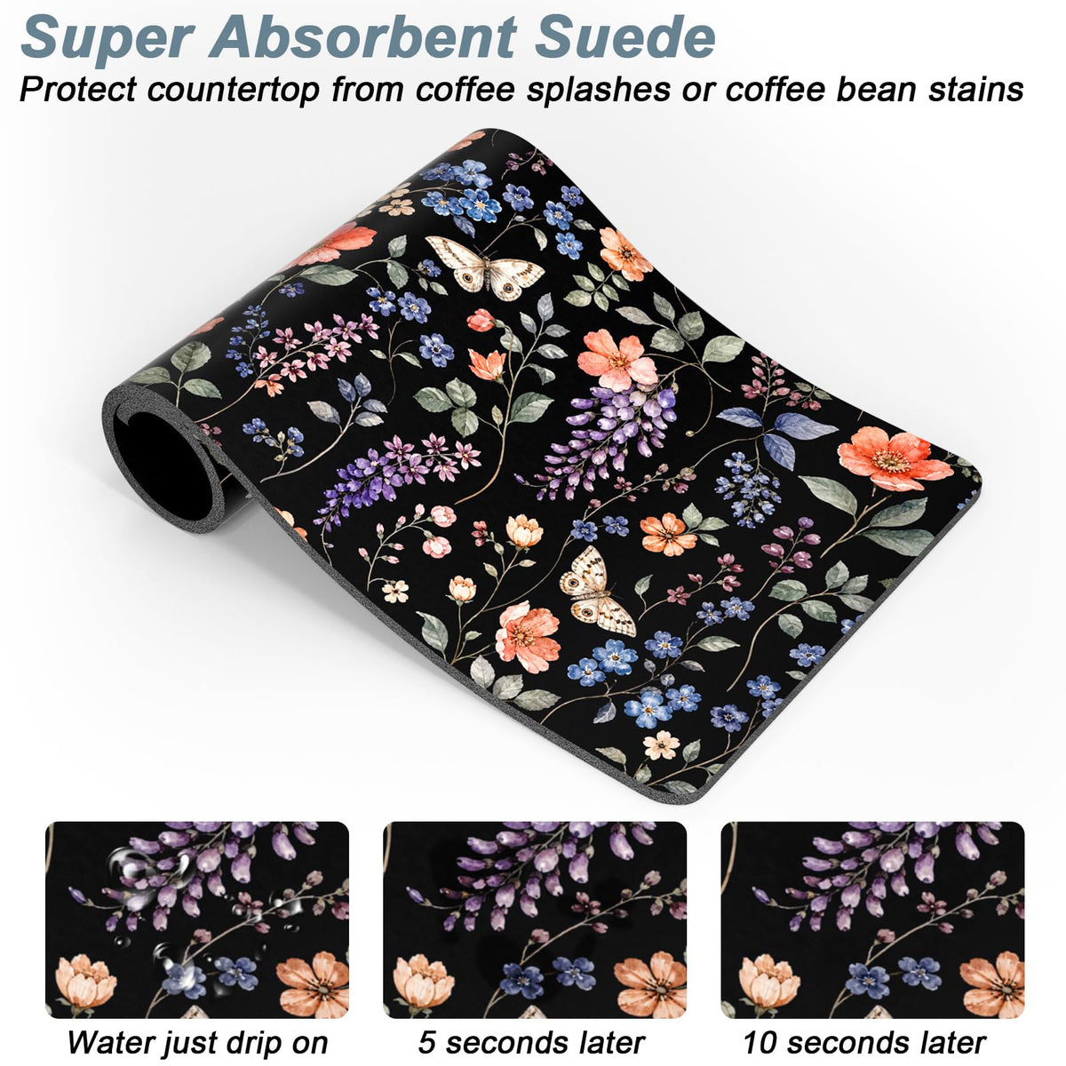Coffee Mat 16" x 24" Coffee Bar Mats for Espresso Machine Station Accessories and Organizer (Watercolor Wildflower / 16" x 24")