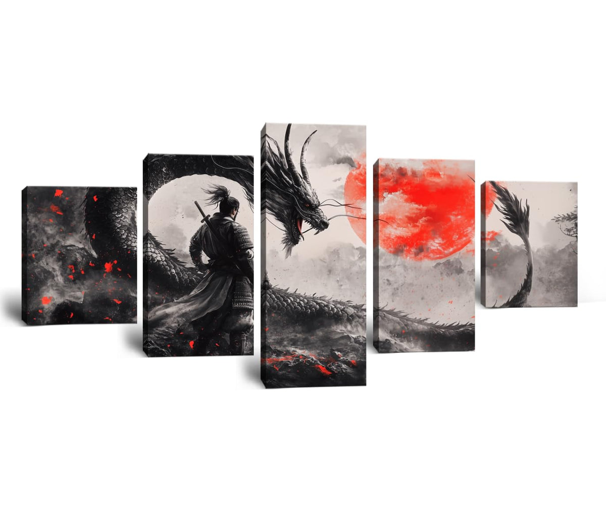 Japaneses Samurai Bedroom Wall Art Dragon Pictures Wall Decor Black and White Asian Warrior Artwork Red Sun Canvas Prints for Bathroom Office Living Room Bushido Poster Framed 5 Pieces 60''W x 40''H (60"Wx40"H / Samurai 5P-22)