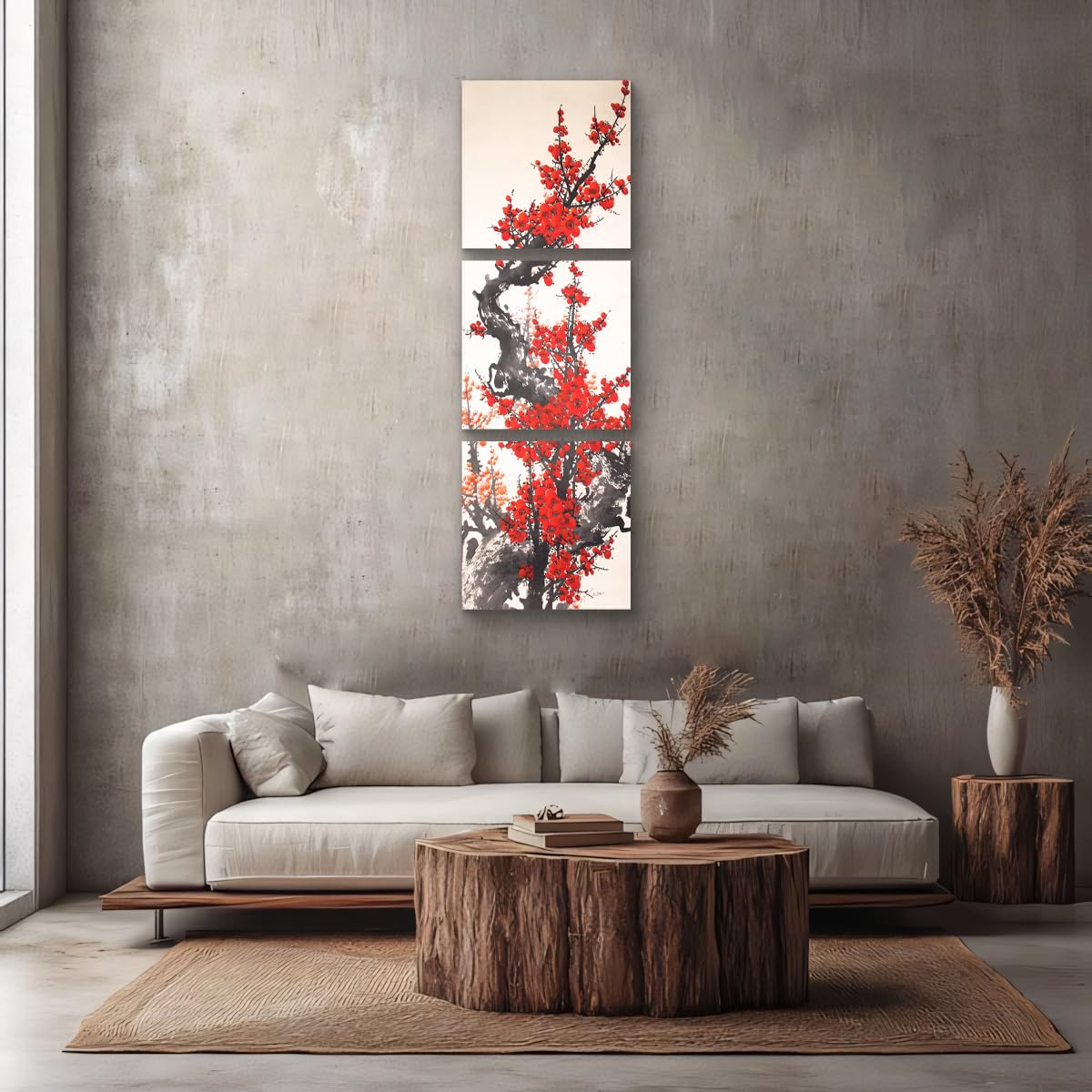 3Pcs Traditional Chinese Red Plum Blossoms Canvas Wall Art Print Red Flowers Asian Floral Painting for Home Decor Living Room Bedroom Office Botanical Artwork Ready to Hang (flower3 / 20x20 inches (3 pieces))