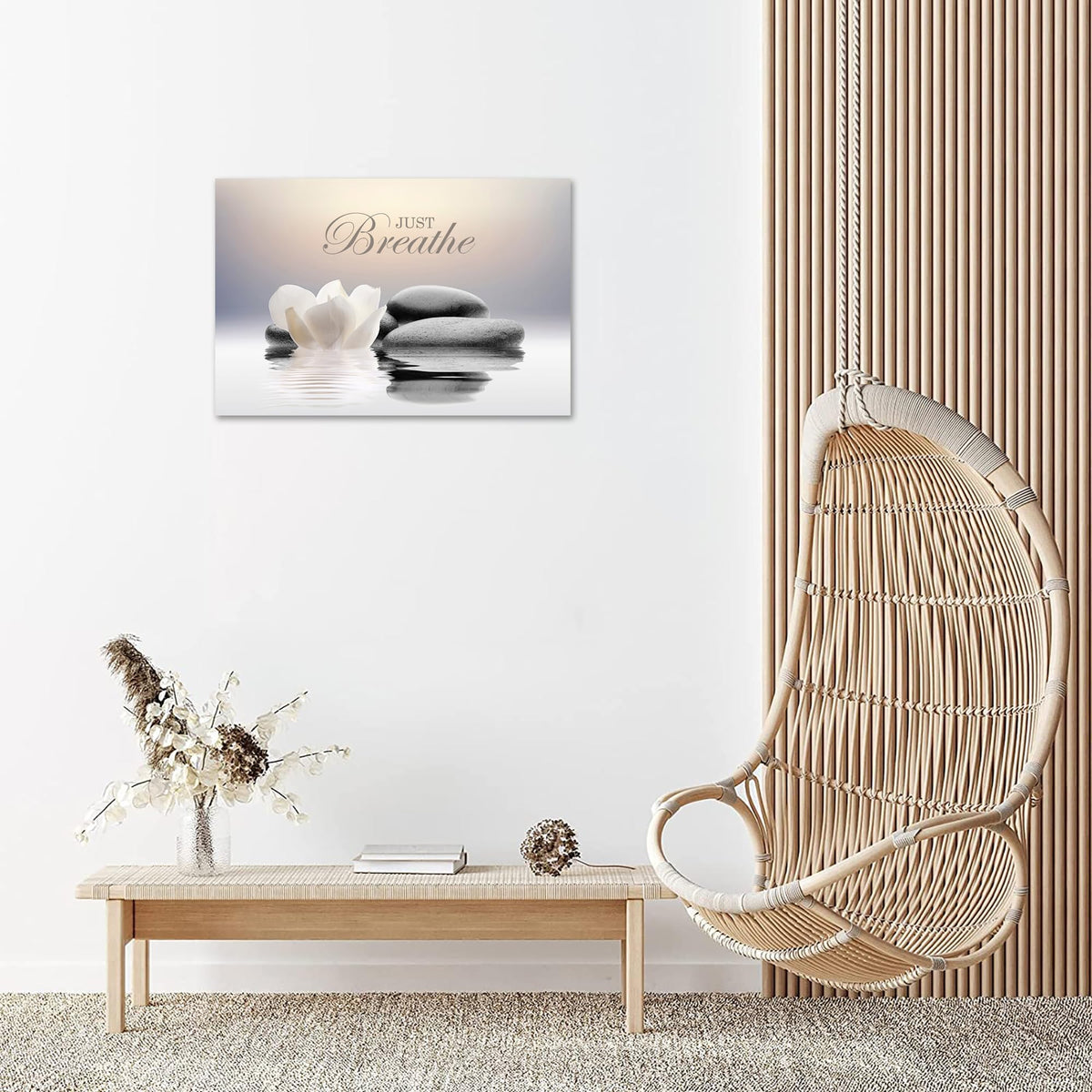 Zen Stone Canvas Wall Art Just Breathe Yoga Quotes Poster for Spa Decor White Lotus Flower Pictures Prints for Bathroom Modern Spiritual Artwork Framed (12"L x 16"W / mindset lotus 02)