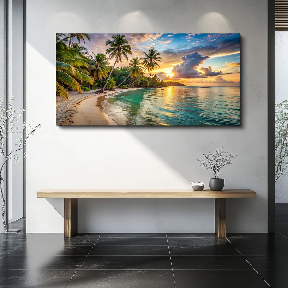 Large Wall Art for Lliving Room Tropical Beach Picture Paintings Sunset Coastal Artwork Ocean Decor Plam Tree Landscape Canvas Prints for Bedroom Wall Decor Office Framed Home Decoration (2BeaP01 / 48"L x 24"W)