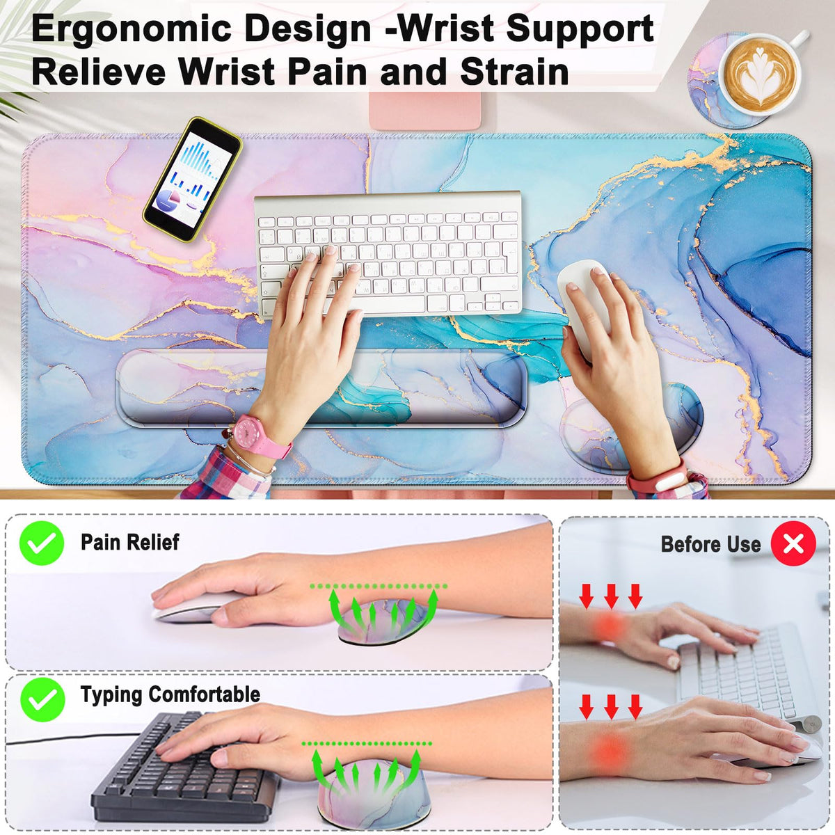 4 in 1 Mouse Pad and Keyboard Wrist Rest (D5-gold Blue Marble5)