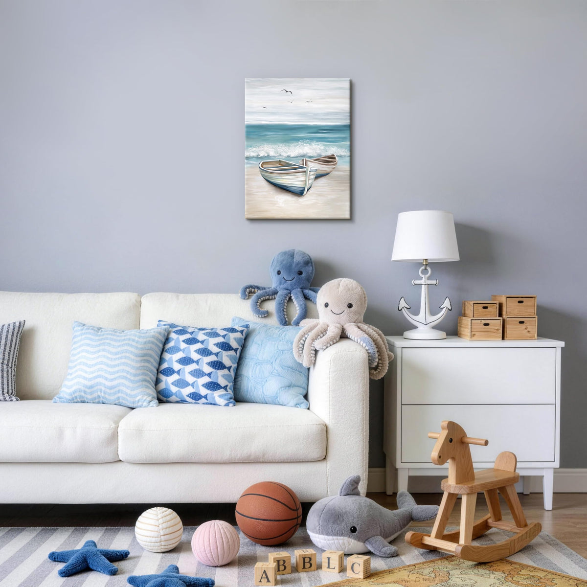 Beach Coastal Canvas Wall Art Beach Wall Art Painting 12"x16" (Nautical Boat on Beach / 16"L x 12"W)