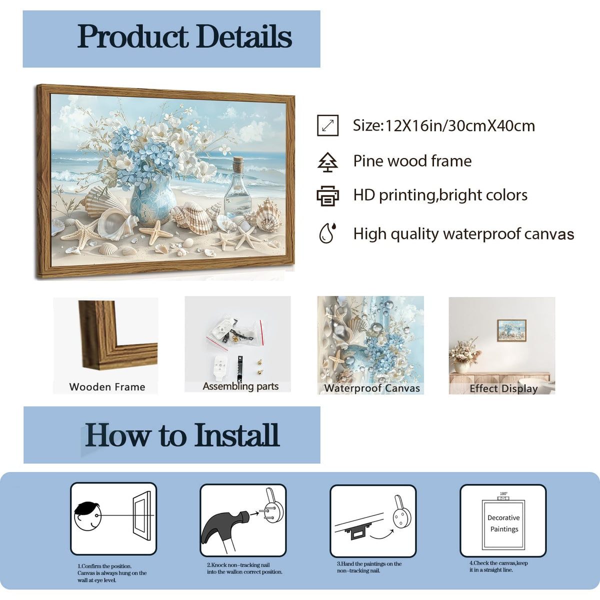 Framed Beach Canvas Wall Art (Blue Beach / 16"L x 12"W)