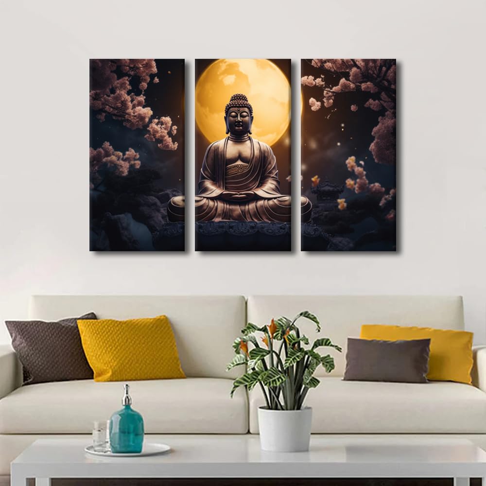 Buddha Canvas Wall Art Modern Living Room Decor 3 Panel Wall Art Moon Buddha Zen Trees Poster Prints on Canvas Zen Believers Home Wall Decoration Stretched and Framed Ready to Hang 36x24 in (36x24 in / 3PANEL-11)