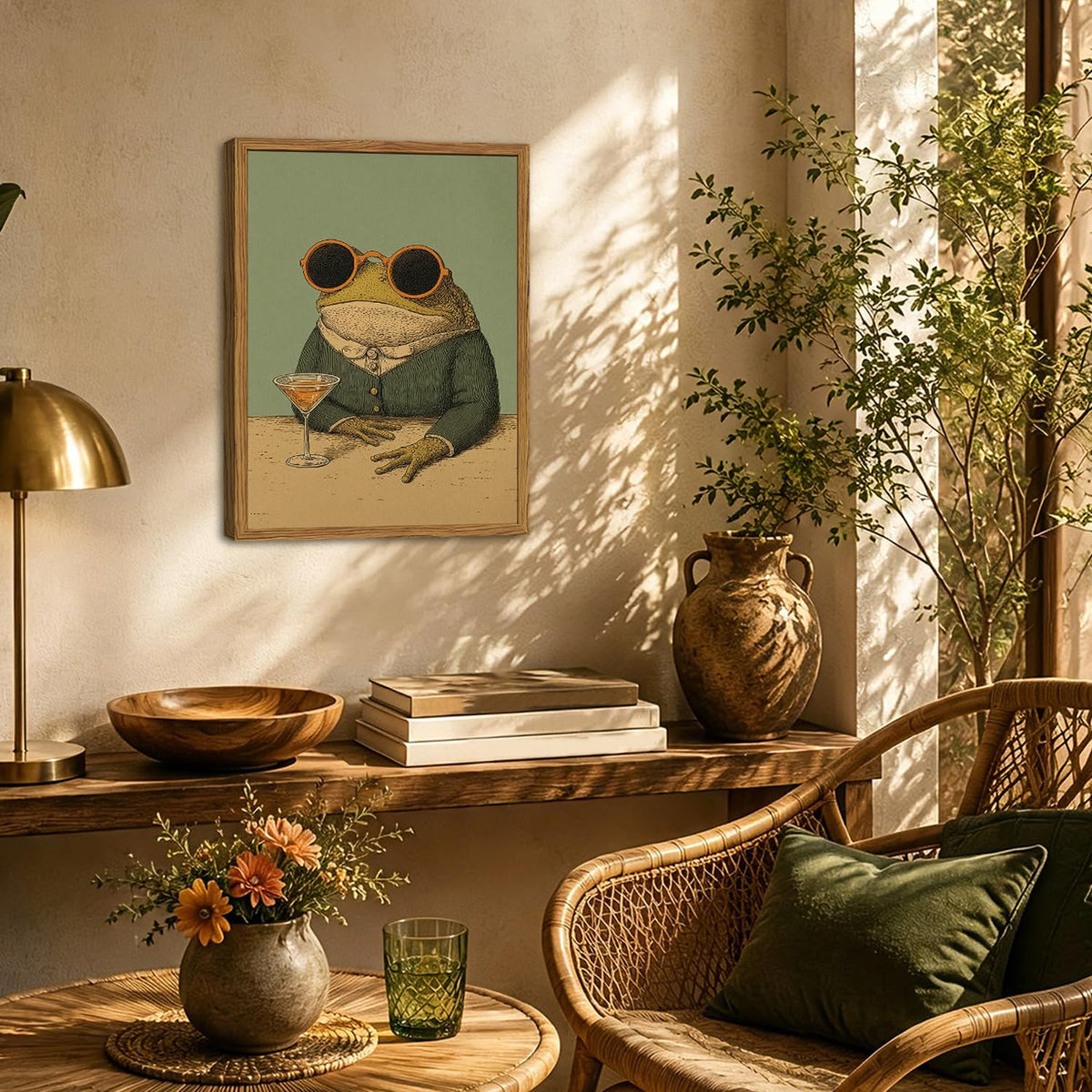 Framed Funny Frog Wall Art (Whimsical frog / 24"L x 16"W)