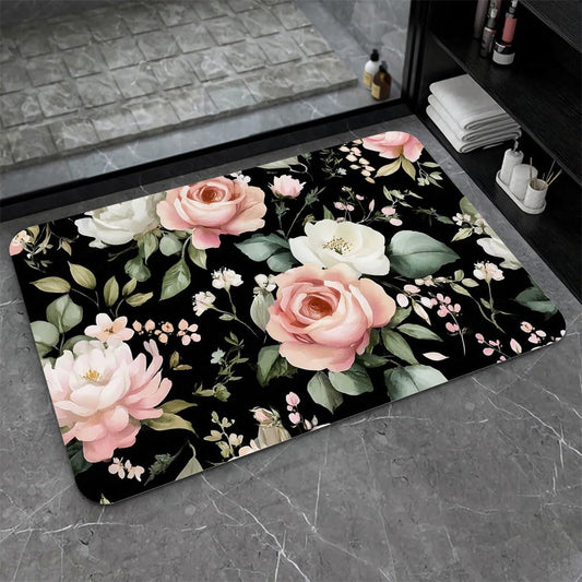Bath Mat Bathroom Rug (Blush Pink Green Floral- / 1'8" x 2'8" (Rectangular))