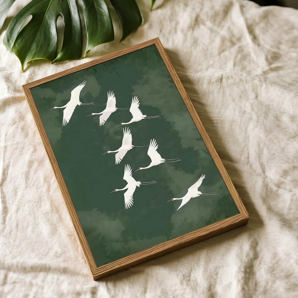 Framed Japanese Flying Cranes Wall Art (White / 16"L x 12"W)