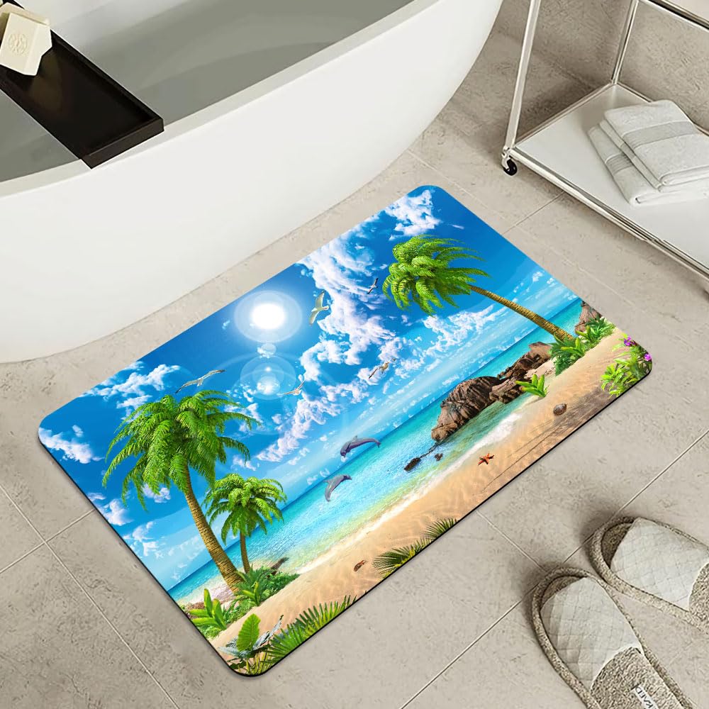 Bath Mat Bathroom Rug (Summer Coconut Beach Dolphins- / 16 x 24 inches)