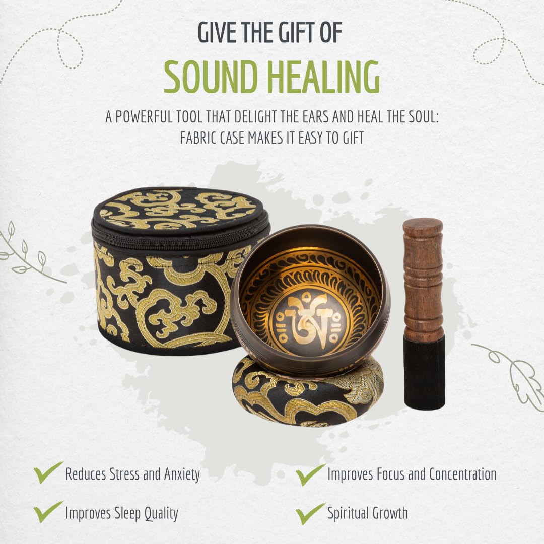 4" Tibetan Singing Bowl Set with 7 Chakra Stones & Bracelet (Black Set with Case + Chakra Stones + Bracelet)