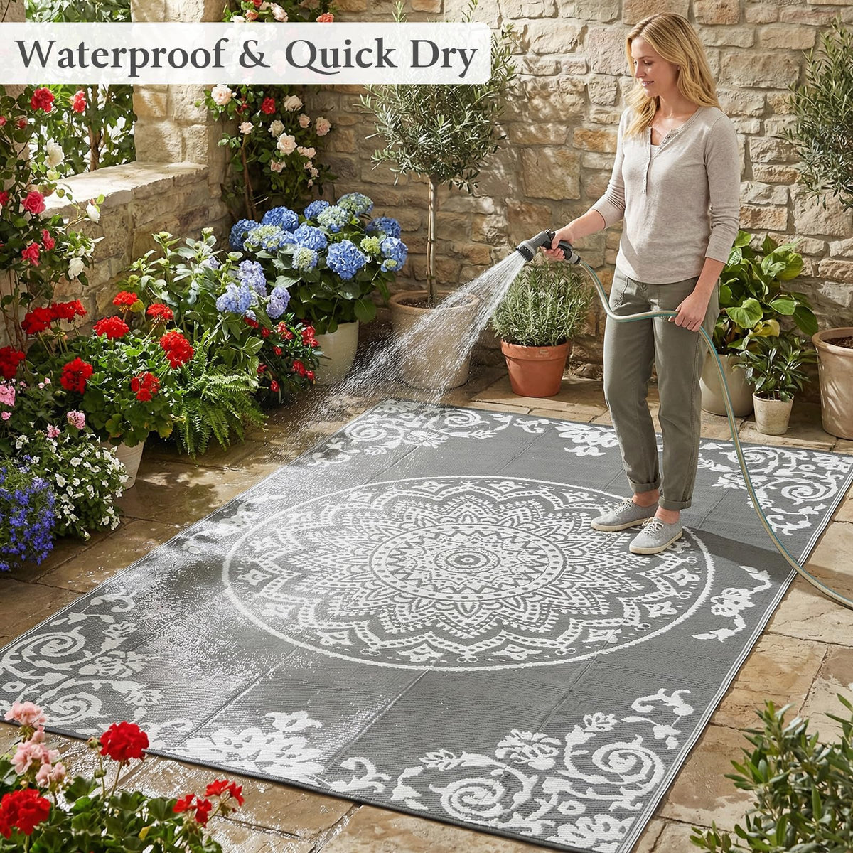 Outdoor Rug Waterproof 6x9 ft (Grey / 6' x 9' (Rectangular))