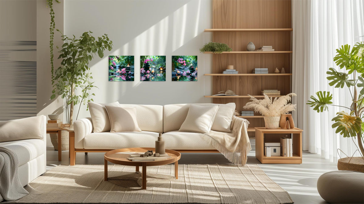 3 Pcs Zen Wall Art Zen Pictures for Bathroom Bamboo Pink Flower Spa Stone with Candles Picture Print on Canvas Zen Wall Art for Office for Home Decor Wall Decor Stretched and Framed 12x12inch (12x12inchx3 / Pink Zen 2)
