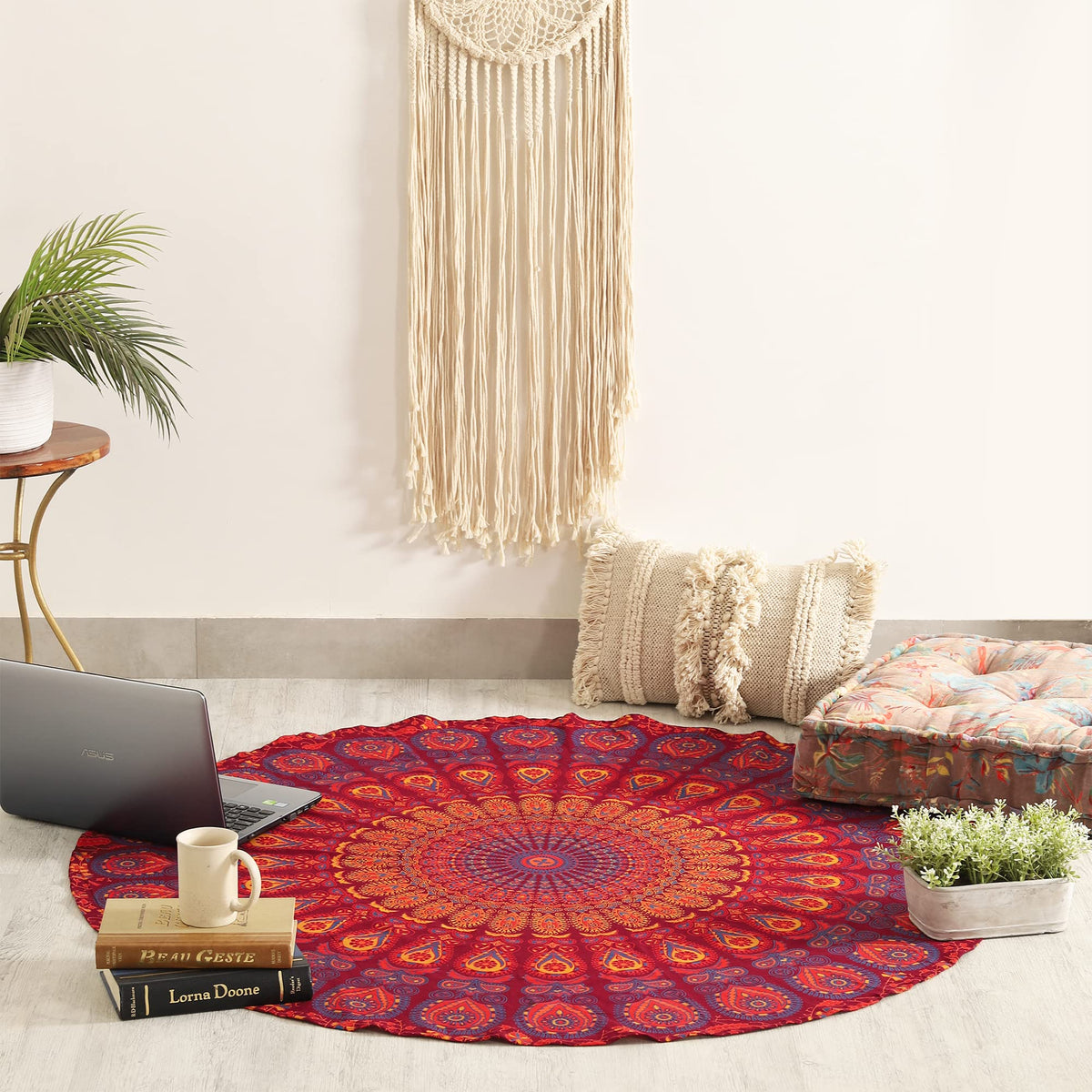 Round Tapestry Wall Hanging Ombre Hippie Mandala Bohemian Hippy Intricate Indian Tapestries Tablecloth 50 Inches (Maroon_Yellow / 50"L x 50"W)