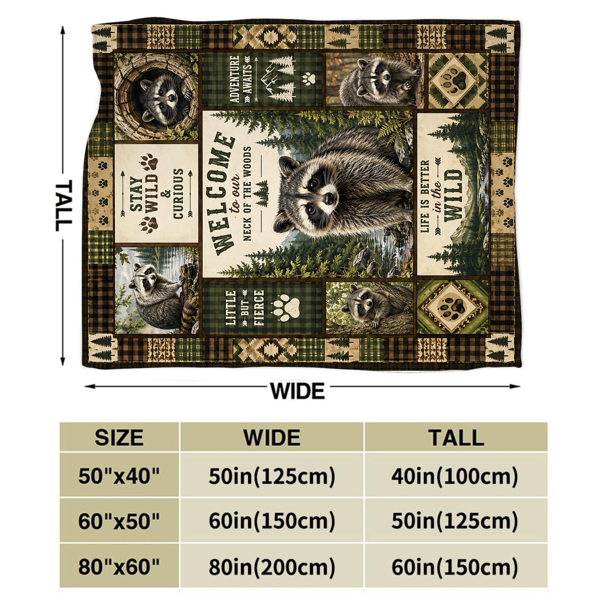Raccoon Blanket Woodland Animal Camping Gifts Throw Blanket 40"X50" (40"x50" / Raccoon)