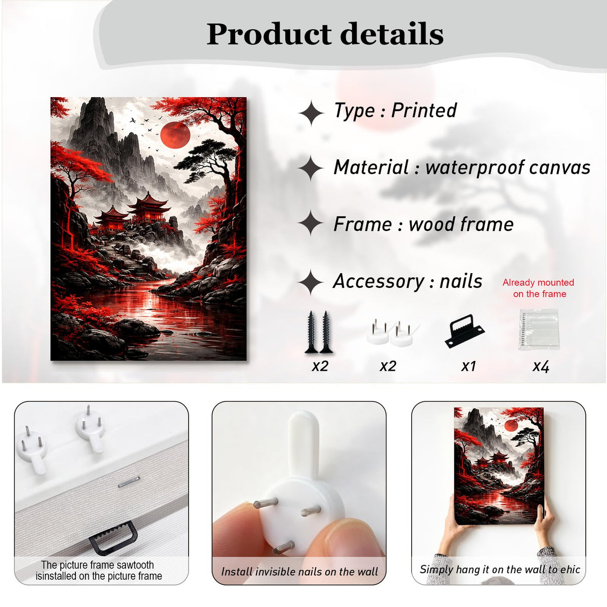 3 Piece Wall Art 16x20 Framed Canvas Wall Decor Red Sun Pagoda Mountain Landscape Pictures for Living Room Bedroom Study Hallway Easy No Drill Hanging with Strips and Hooks (Ancient style landscape canvas painting58)