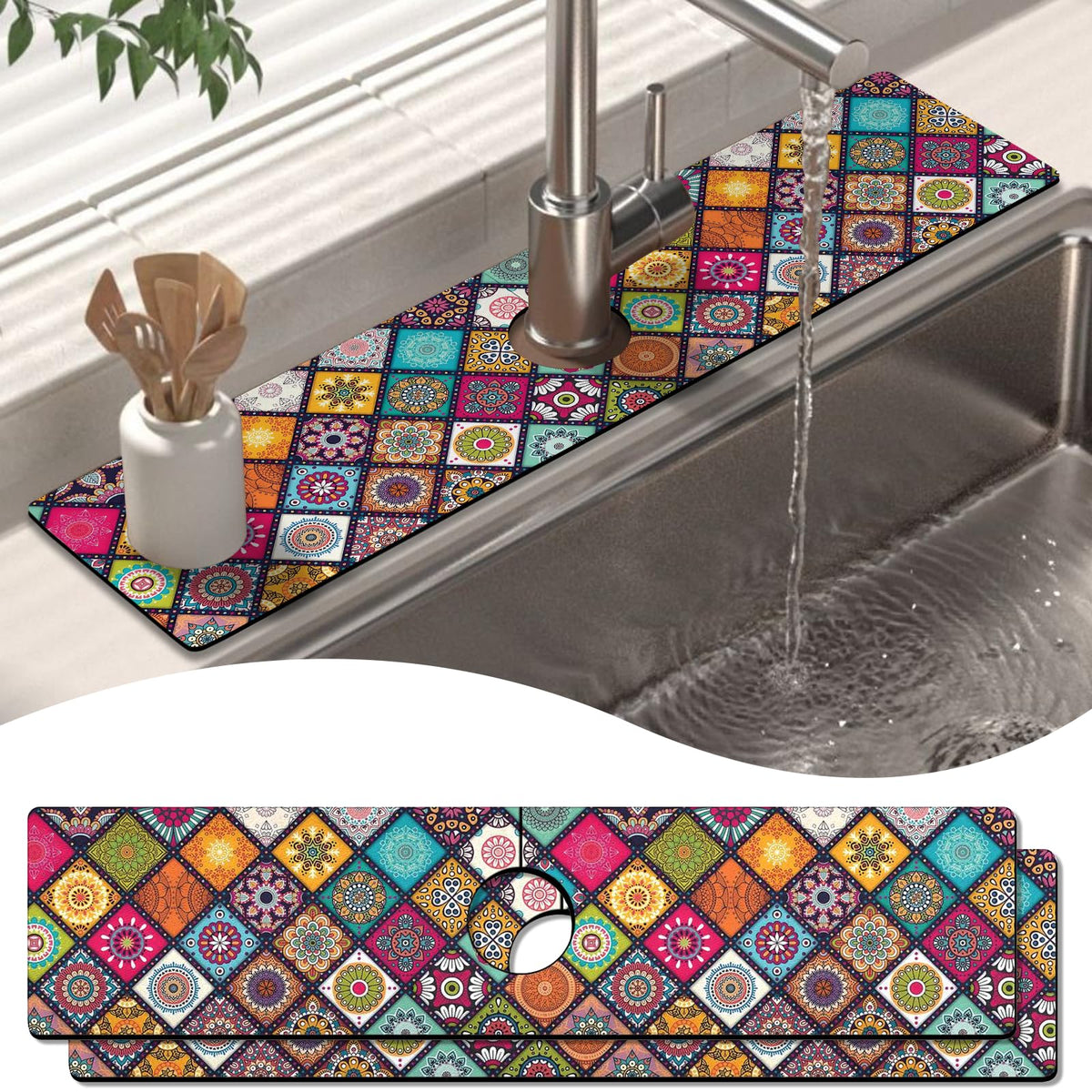 2 Pack Kitchen Sink Splash Guard Faucet Mat 24" X 5.5" Mandala Absorbent Fast Drying Mat Faucet Draining Mat Sink Splash Guard Behind Faucet Drip Catcher for Kitchen Bathroom (24*5.5inx2 / check)