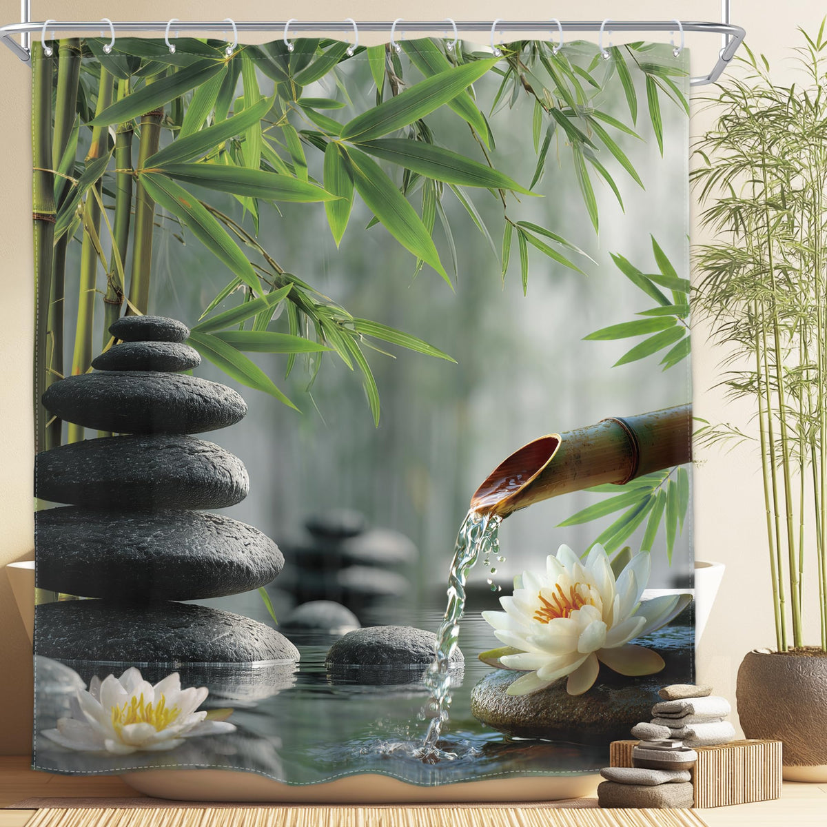 Zen Stone Meditation Shower Curtain Green Bamboo 60Wx72H Inch Decor (Zen02 / 60"W x 72"L (Pack of 1))
