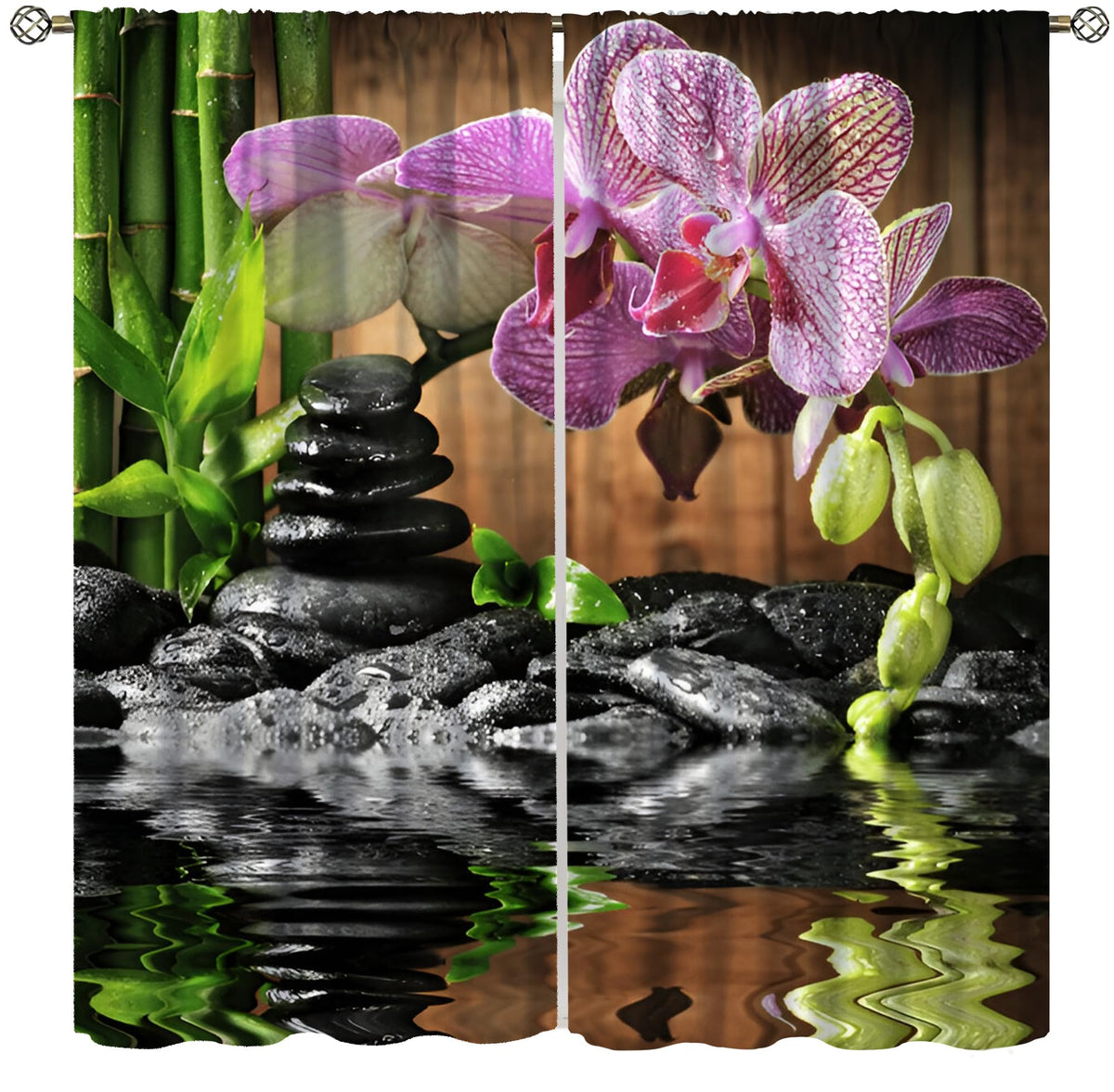 Zen Garden Blackout Curtains for Kitchen Spa Green Bamboo Black Stone White Flower Window Treatments Print for Boys Girls Bedroom Living Room Bathroom 42x63in (21"W x 63"L (Pack of 2) / Zen-16)