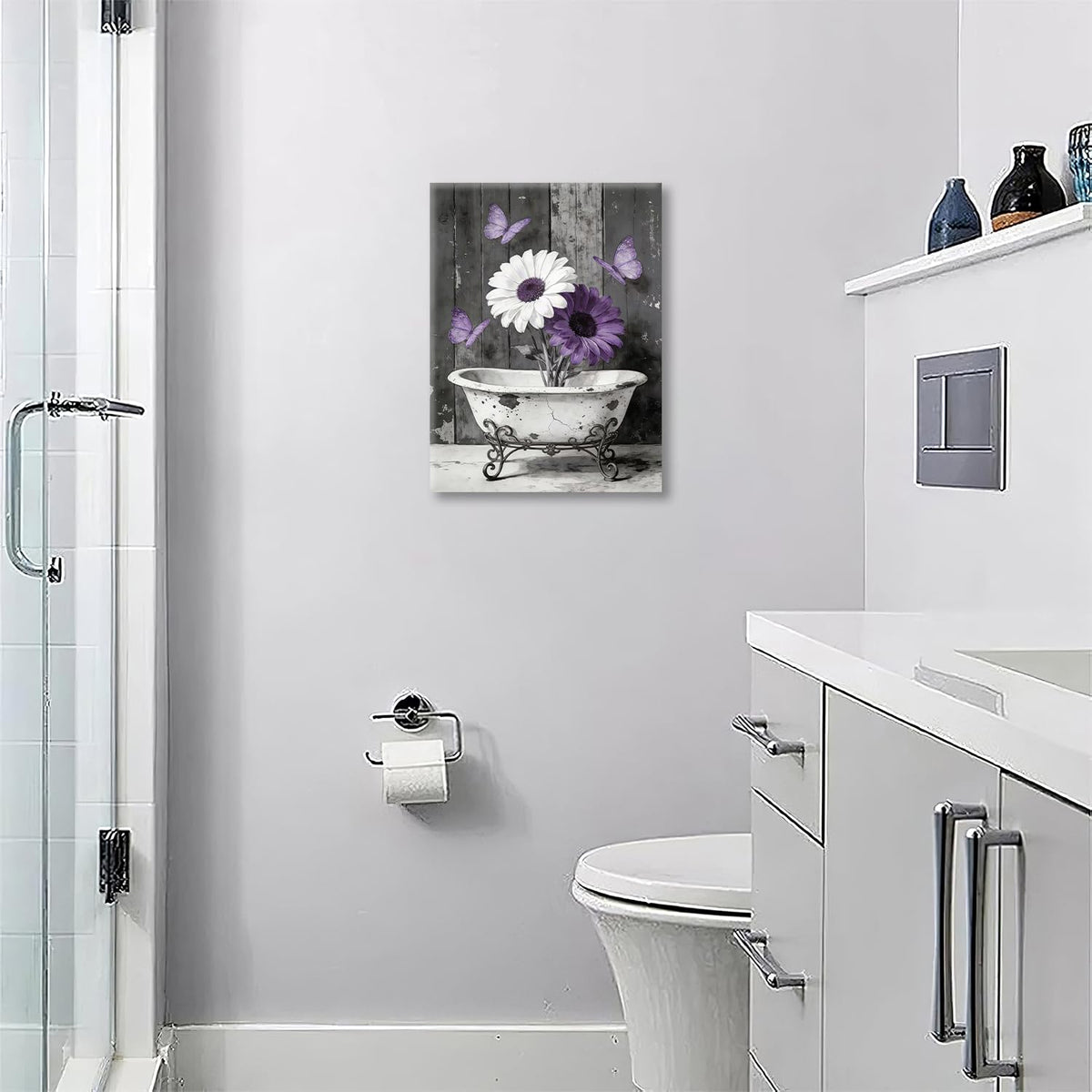 Vintage Bathroom Canvas Wall Art Retro Painting Framed ArtWork 12"x16" (Vintage Flower / 16"L x 12"W)