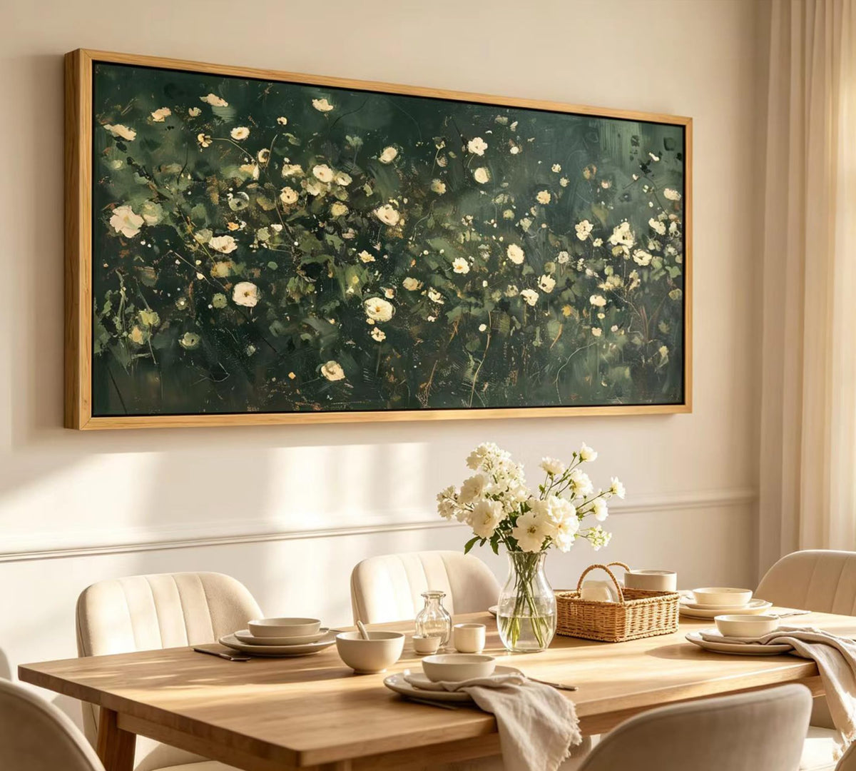 Large Abstract Floral Wall Art Dark Green White Botanical Wildflower Wall Decor Emerald Green Wildflower Painting for Living room Balcony Hotel Entryway Bedroom Home Decoration (Green Flower / 48"L x 24"W)