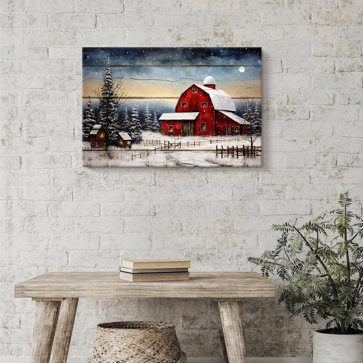 Red Barn Wall Art Snowy Winter Landscape Wall Art Christmas Home Decoration Rustic Farmhouse Prints Artwork Xmas Trees Painting Vintage Poster Artwork for Living Room Kitchen Ready To Hang 16x24” (24"L x 16"W / Christmas Barn)