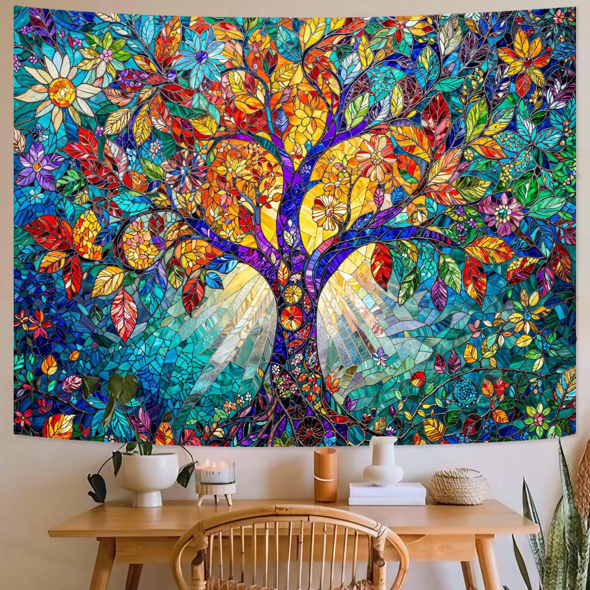 Tree of Life Tapestry Stained Glass Tapestry Wall Decor Tapestries for Bedroom Art Tapestries Wall Hanging for Bedroom Living Room Glass (60"L x 44"W / Colorful)