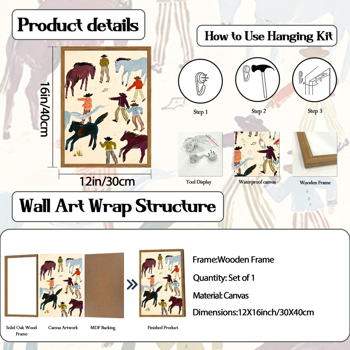 Framed Western Cowboy Wall Art (Cowboy Horse / 16"L x 12"W)