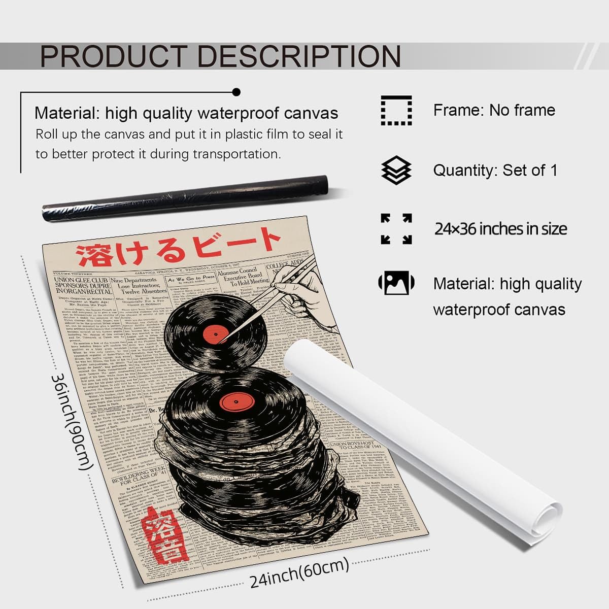 Retro Japanese Newspaper Music Prints Poster Vintage Vinyl Records Canvas Wall Art Asian Ukiyo (Unframed / Japanese Art 008 / 36"L x 24"W)