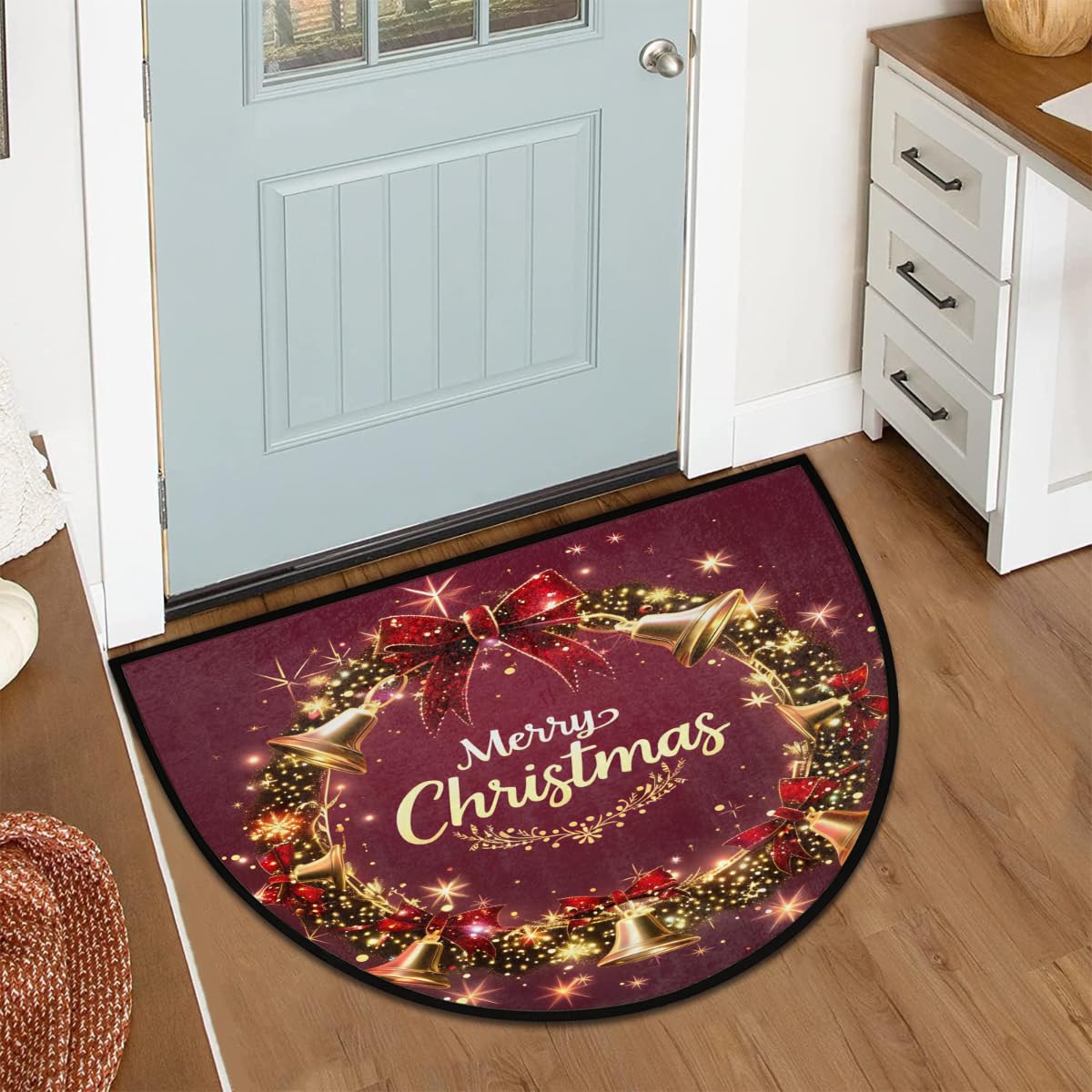 Half Round Doormat Christmas Xmas Bell Red Washable Semi Circle Area Rug Non Slip Half Moon Rug Holiday Decor Mat for Indoor Outdoor Bathroom Kitchen Welcome Fireplace Hearth Floor Mat (X:xmas4)