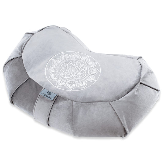 Crescent Meditation Cushion Buckwheat Velvet Zafu Yoga Bolster (Grey Crescent)