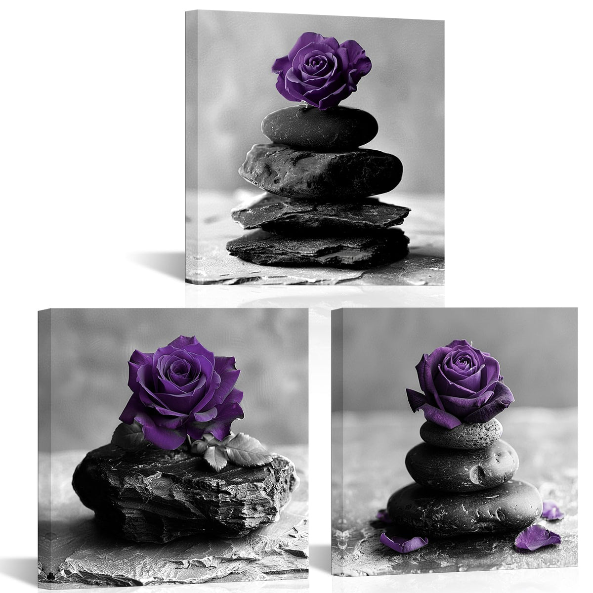 Rose Flowers Wall Art Zen Stones Picture Canvas Print Framed Modern Meditation SPA Room Bathroom Wall Decor (Purple)
