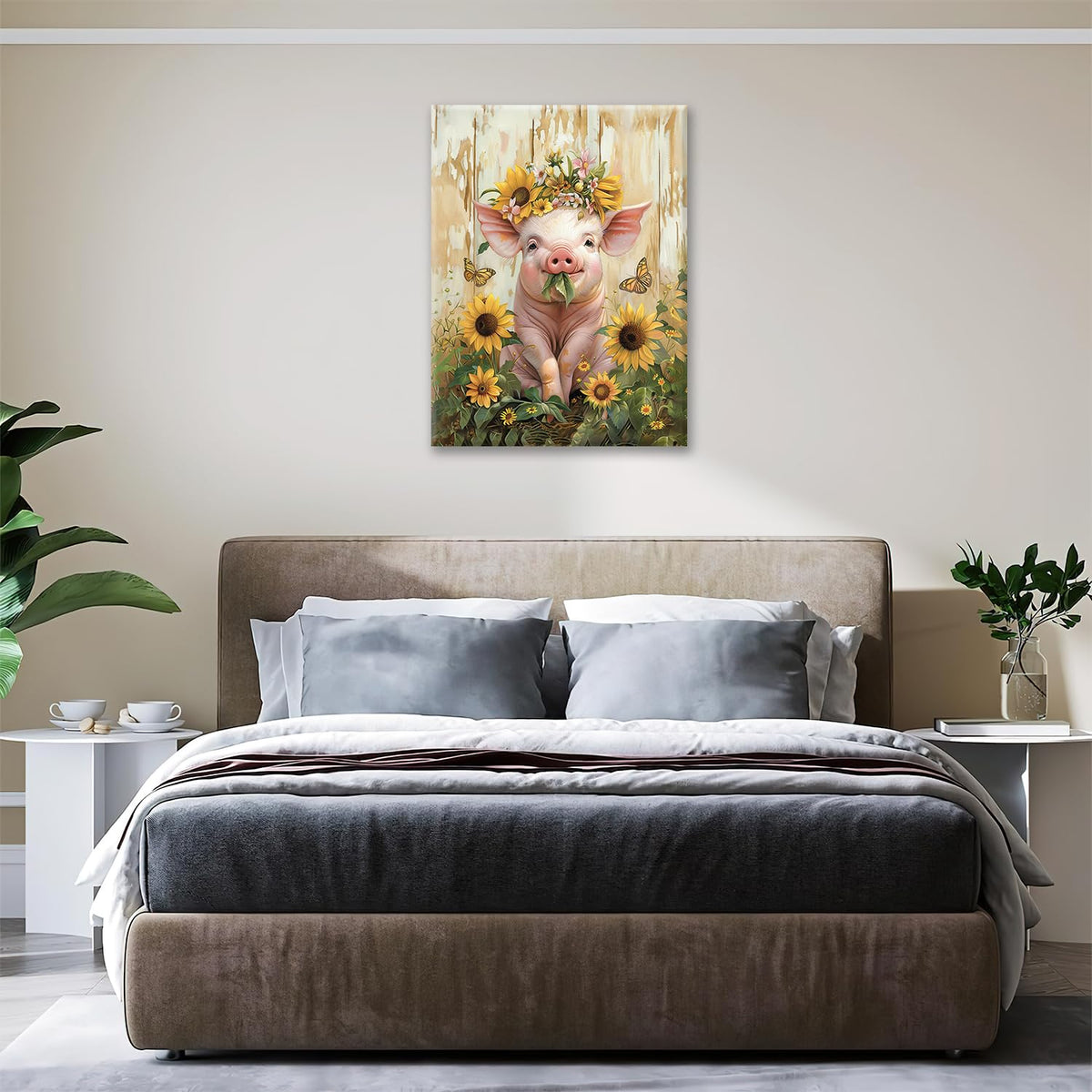 Pig Canvas Wall Art Farmhouse Animal Print Painting Framed ArtWork 20"x24" (Pig Sunflower / 24"L x 20"W)