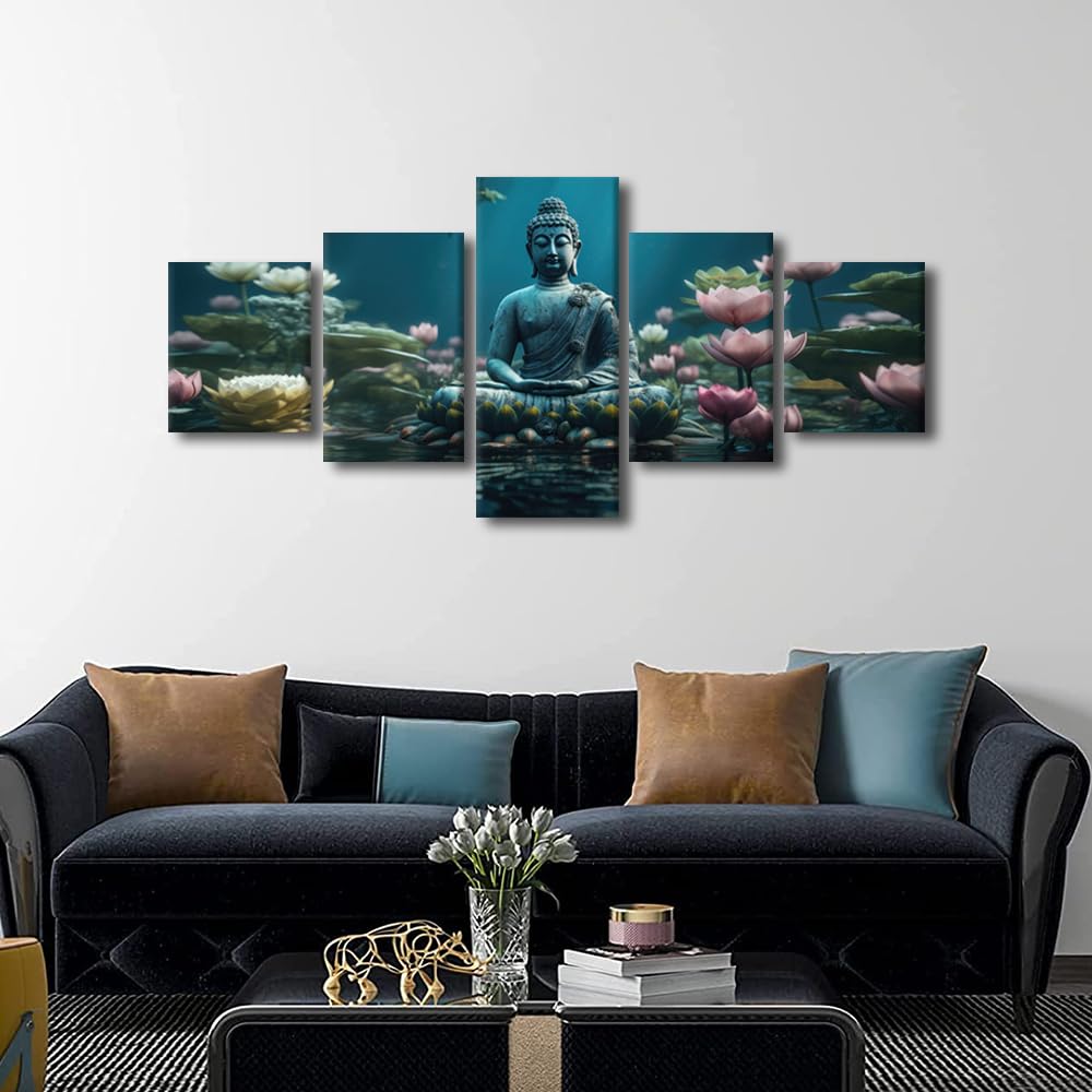 Buddha Canvas Wall Art Modern Home Canvas Poster Artwork Religious Painting Buddha Statue Lotuses in the Water Picture for Living Room Wall Decor 5 Panel Stretched and Frame Ready to Hang 50x24 in (50x24 in / 5PANEL-07)