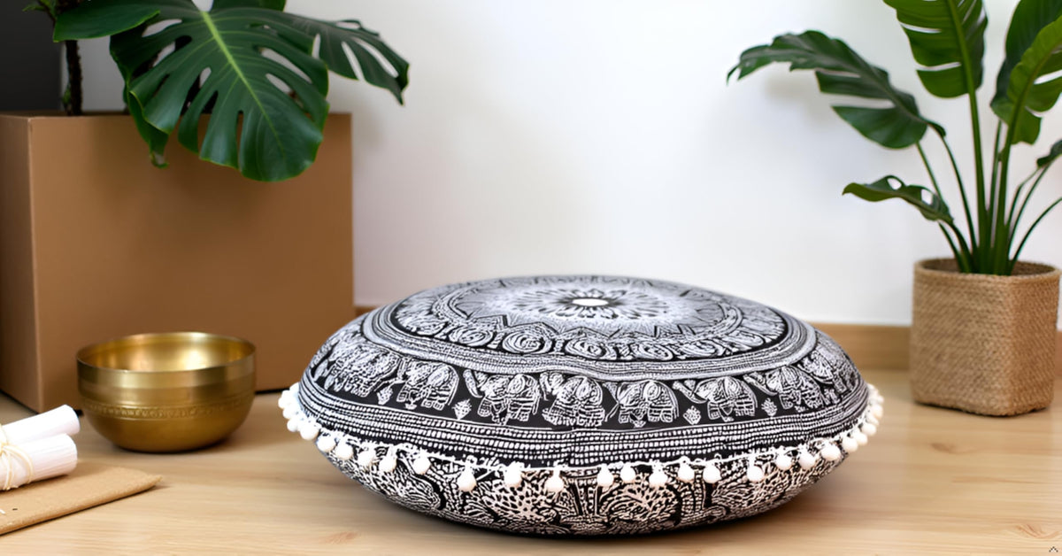 32" Large Round Bohemian Floor Pillow Cover Boho Pouf Cover Mandala Meditation Room Pillows Cover Adults Seating Poufs Cushion Cover for Kids Reading Playroom Black Elephant Flower (Black and White Elephant)