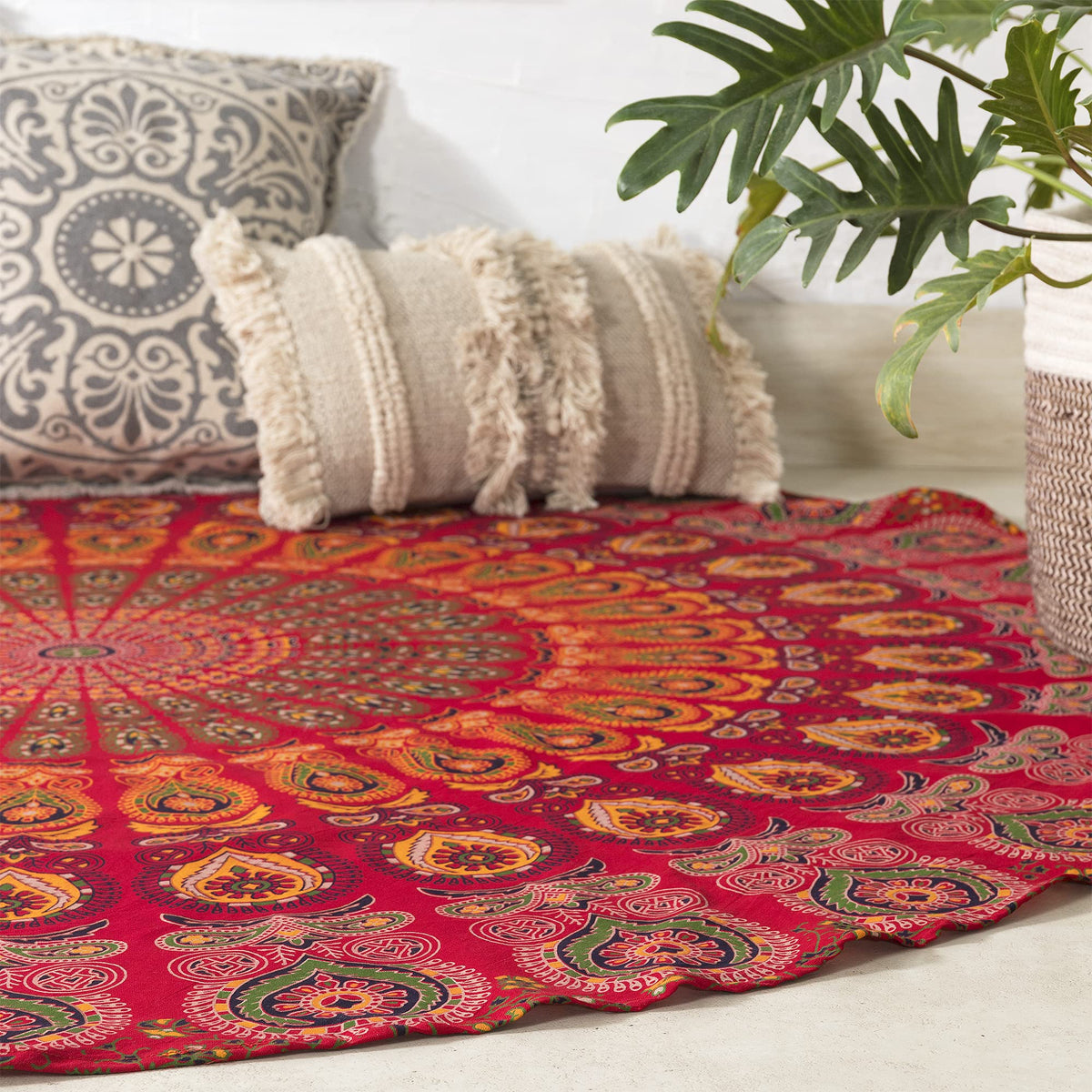 Round Tapestry Wall Hanging Hippie Mandala Roundie Bohemian Hippy Intricate Indian Tapestries Tablecloth 70 Inches (Red_Yellow / 70"L x 70"W)