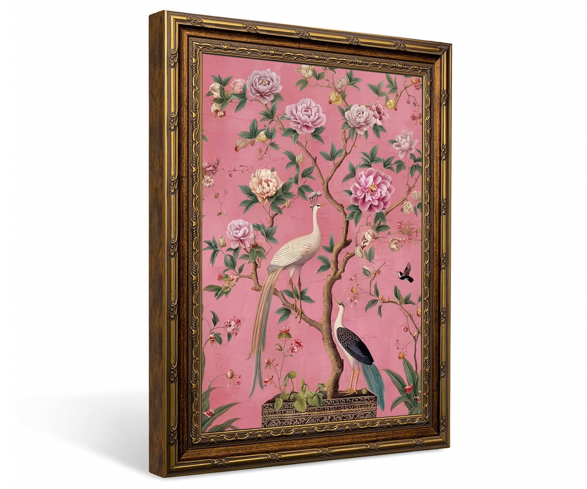 Vintage Gold Framed Chinoiserie Floral Bird Wall Art Vintage Botanical Peony Painting Print (BirdsPeacocks / 12"L x 16"W)