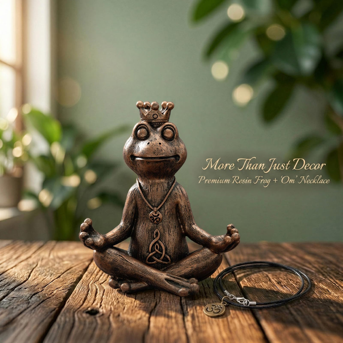 Meditating Zen Frog Statue Decor with Bonus Om Necklace (Bronze)
