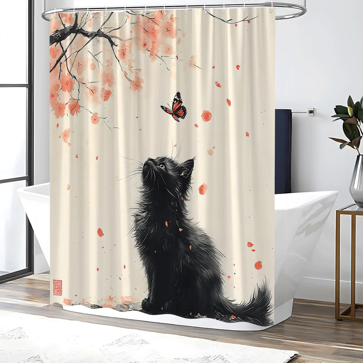 Japanese Cat Shower Curtain (70"W x 70"L (Pack of 1))