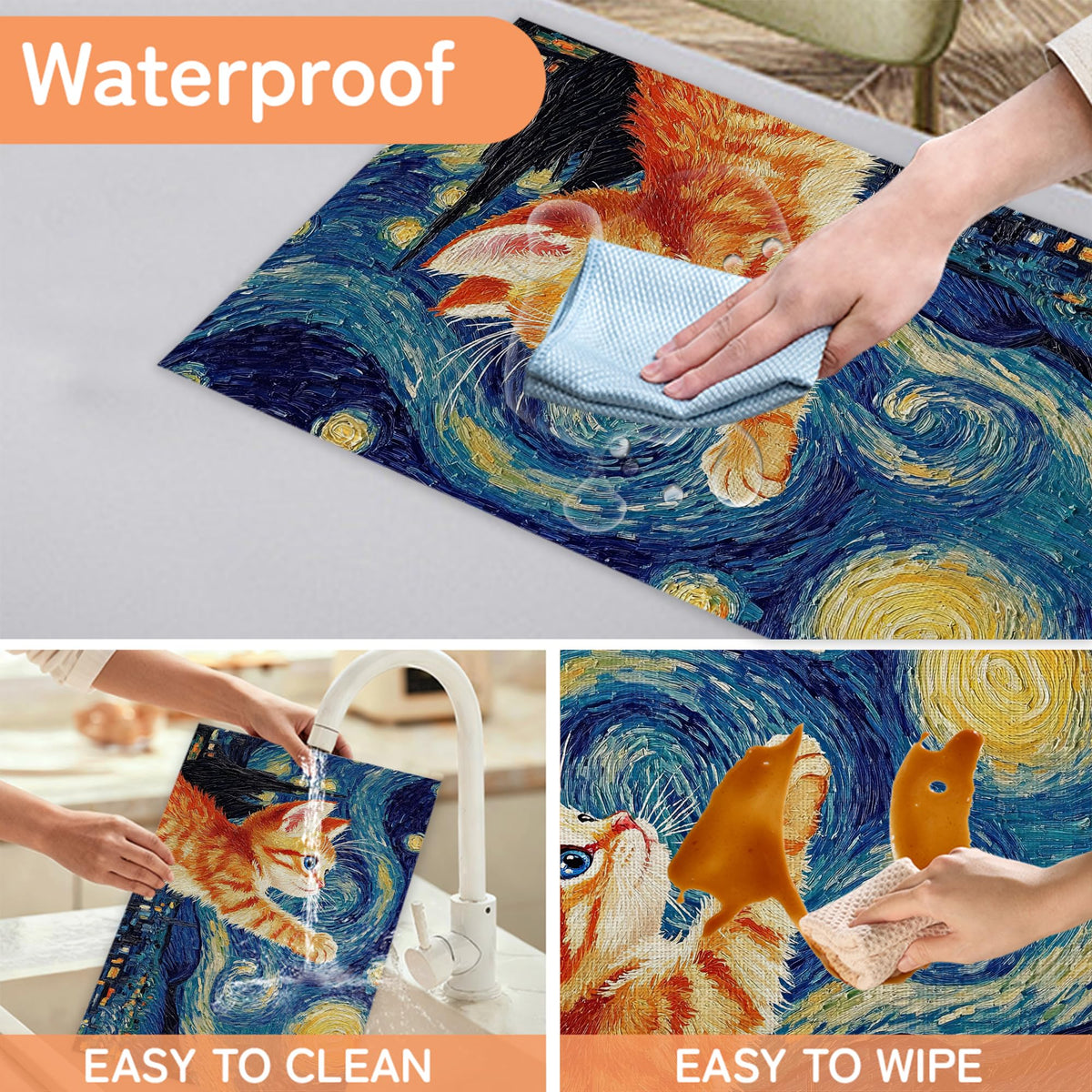 Cute Cat Table Mats Set of 6 (Cute Cat Starry Night Moon)