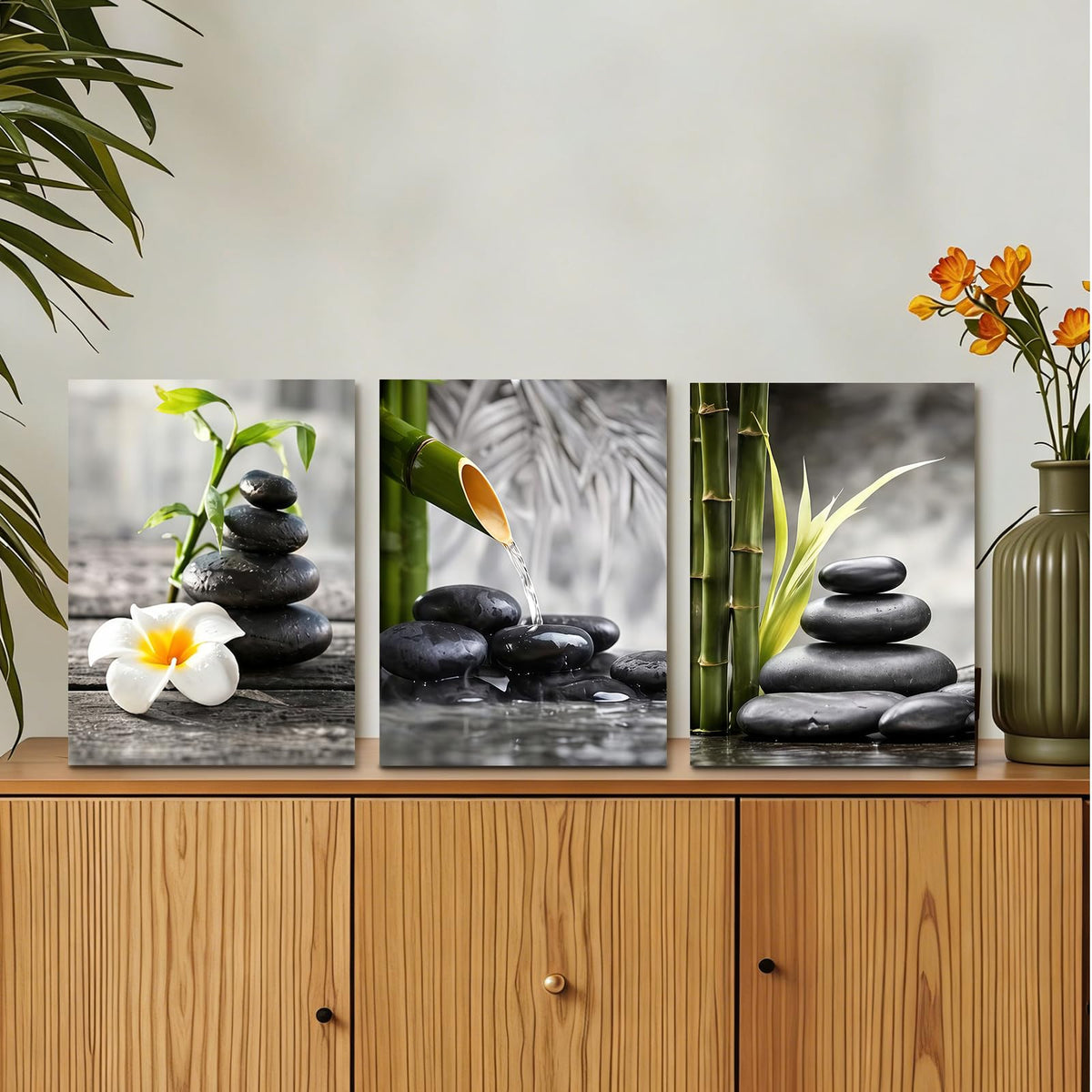 3 Piece Wall Art 16 x 20 Inches Framed Canvas Set Zen Spa Stone Bamboo Wall Decor for Living Room Bedroom Bathroom Office Hallway Modern Farmhouse Wall Art Pictures Ready to Hang with Velcro and Pre Installed Hooks (Bamboo 81)
