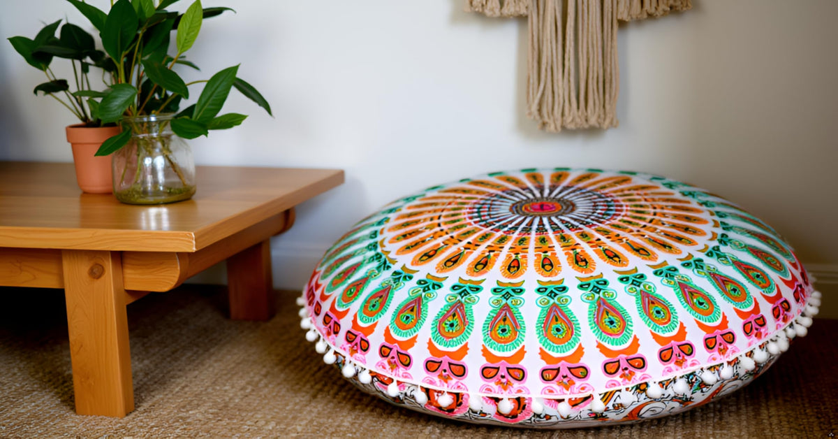 32" in Round Mandala Floor Pillow Cushion Cover Seating Throw Cover Hippie Decorative Bohemian Ottoman Poufs Pillow Cover Cases Boho Cotton Living Yoga Home Décor Room (Mustard Mirchi)
