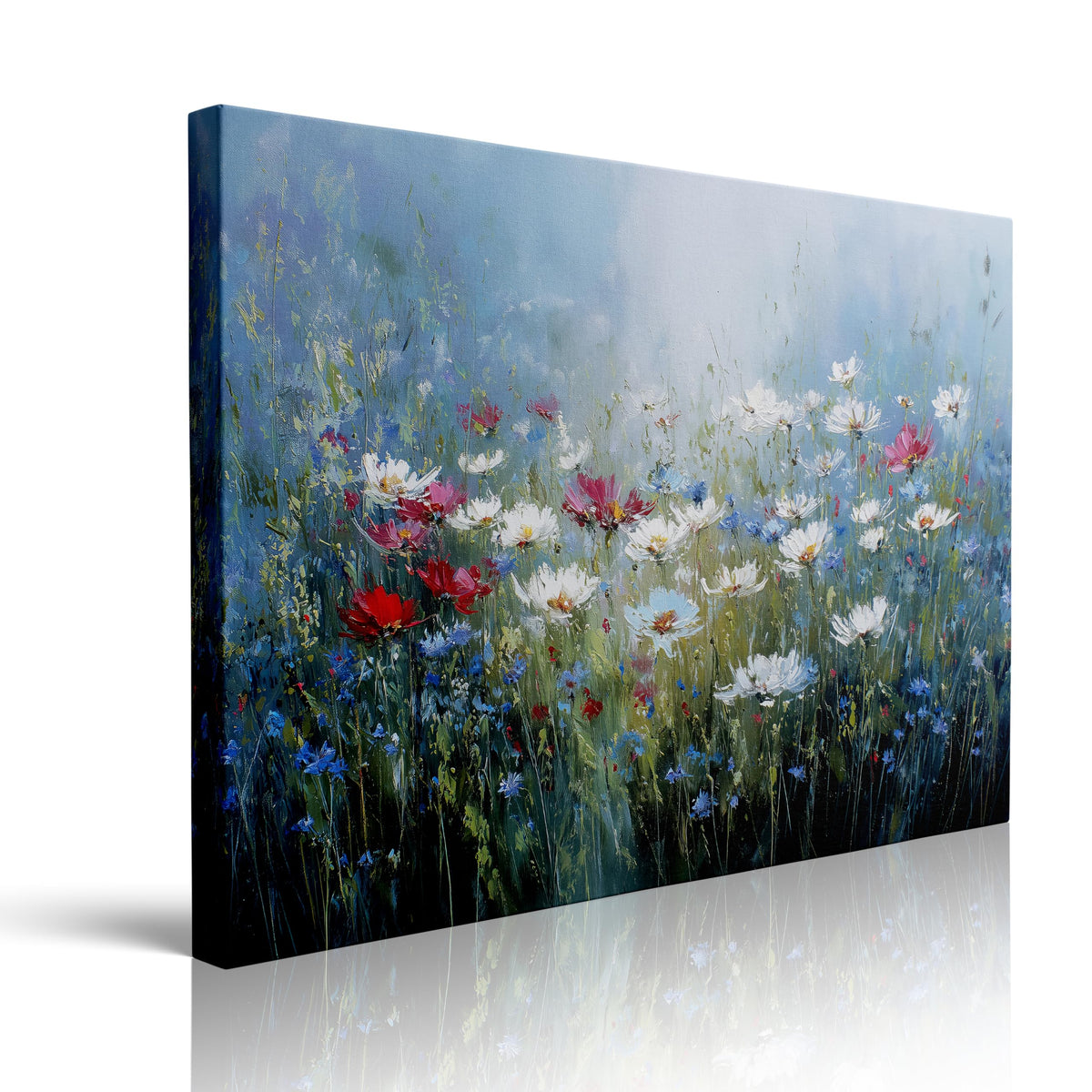 Wildflower Field Canvas Wall Art Framed Print Painting Red and White Blooms Impressionist Serene Wall Decor Artwork Poster Soft Blue Green Background for Living Room Bedroom Nursery Decor 12x16 Inches (wildflowers / 16"L x 12"W)