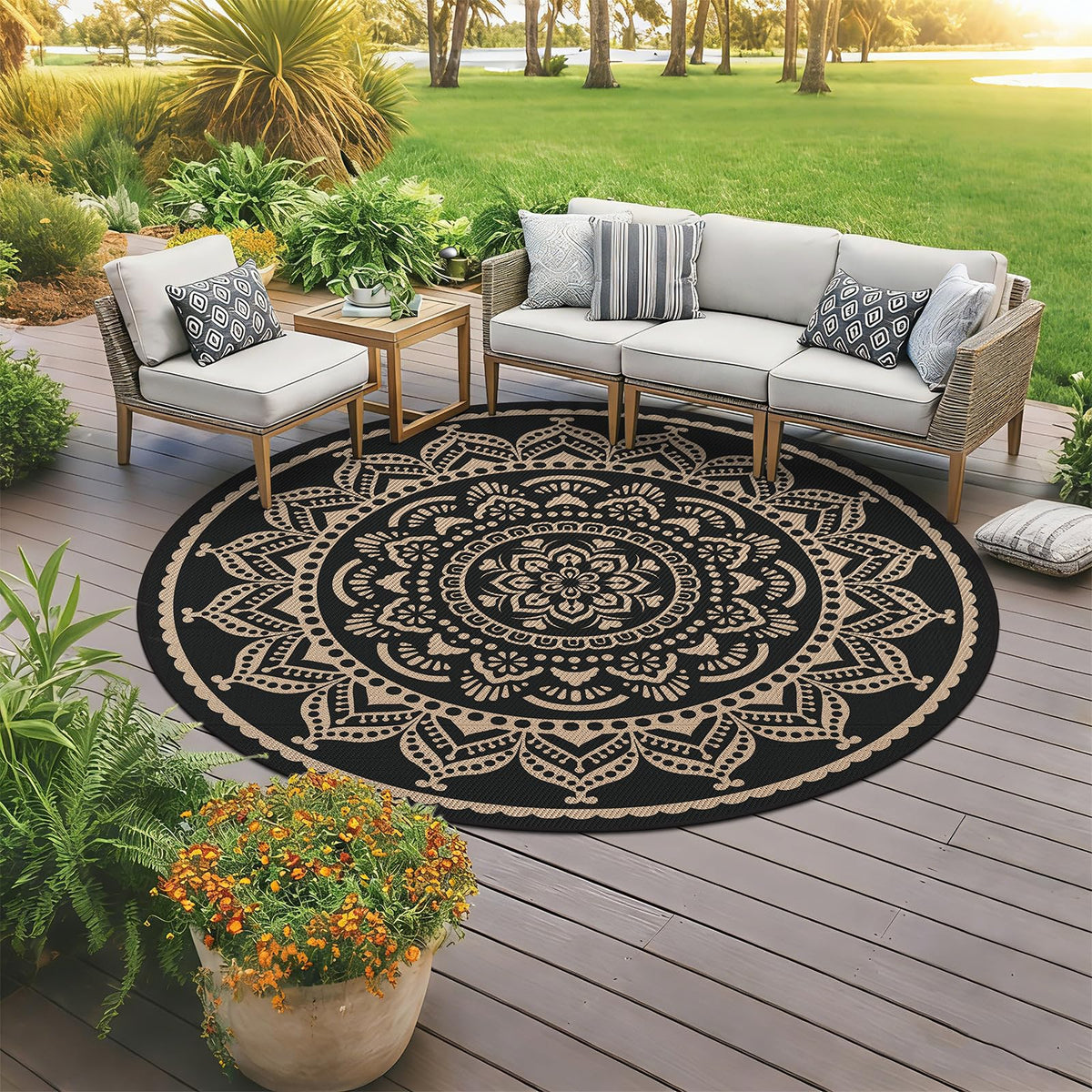 Waterproof Outdoor Rug (Flower Black Gold / 6' (Round))