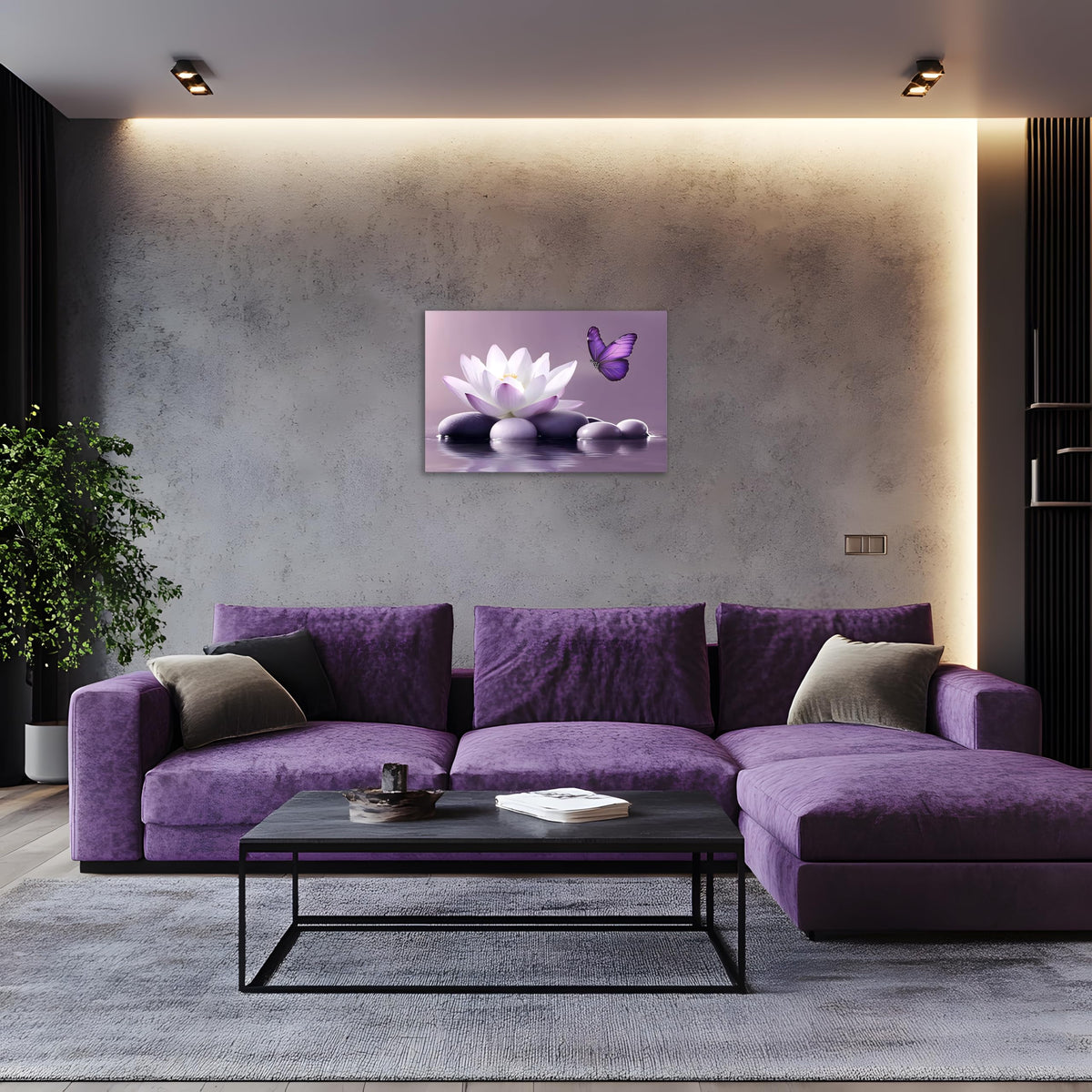 1 Panel Purple Wall Art Purple Pictures Wall Decor Zen Stone Water Lily and Butterfly on the Lake Pictures Poster Spiritual Yoga Spa Painting for Living Room Bedroom (18"L x 12"W / Purple Zen)