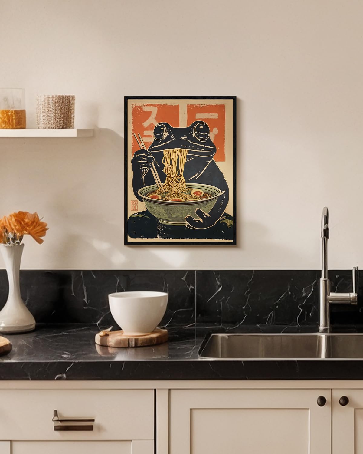 Vintage Eating Ramen Frog Framed Halloween Wall Art 12x16 Canvas Print (Ramen / 16"L x 12"W)