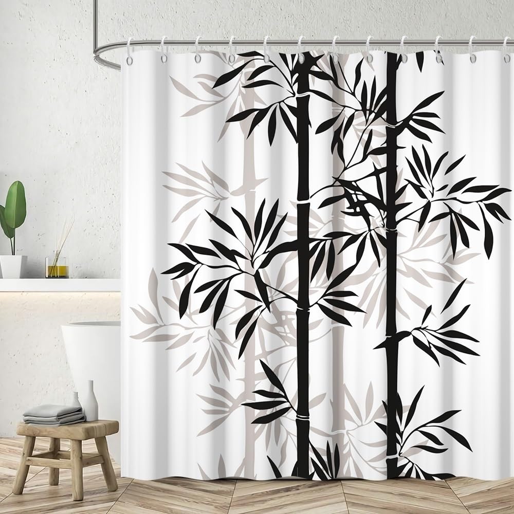 Black Grey Bamboo Shower Curtain Asian Chinese Bamboo Bathroom Curtains Oriental Chinese Ink Painting Classic Art Shower Curtain Washable Waterproof Fabric Bathroom Decoration 72x72 Inch (72"W x 72"L (Pack of 1) / White-59)